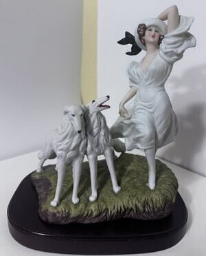 BORZOI & LADY ICART ART DECO dog figurine #254 Missing Leash Includes Base